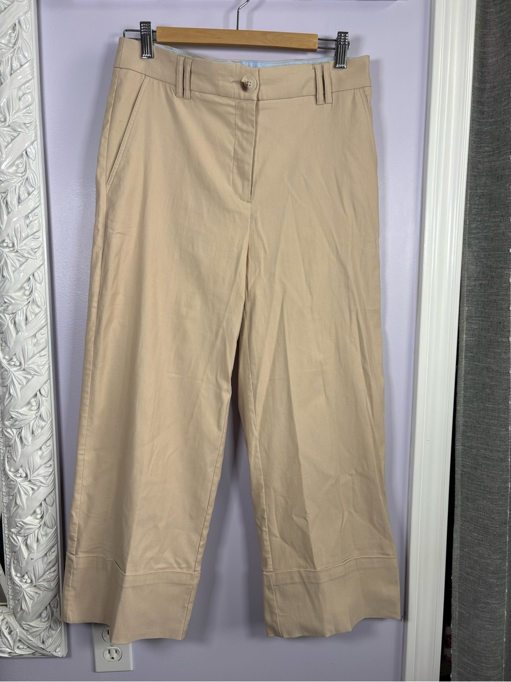 Renuar Classic Khaki Straight-Leg Designer Luxury Trousers with Big Cuff Size 8